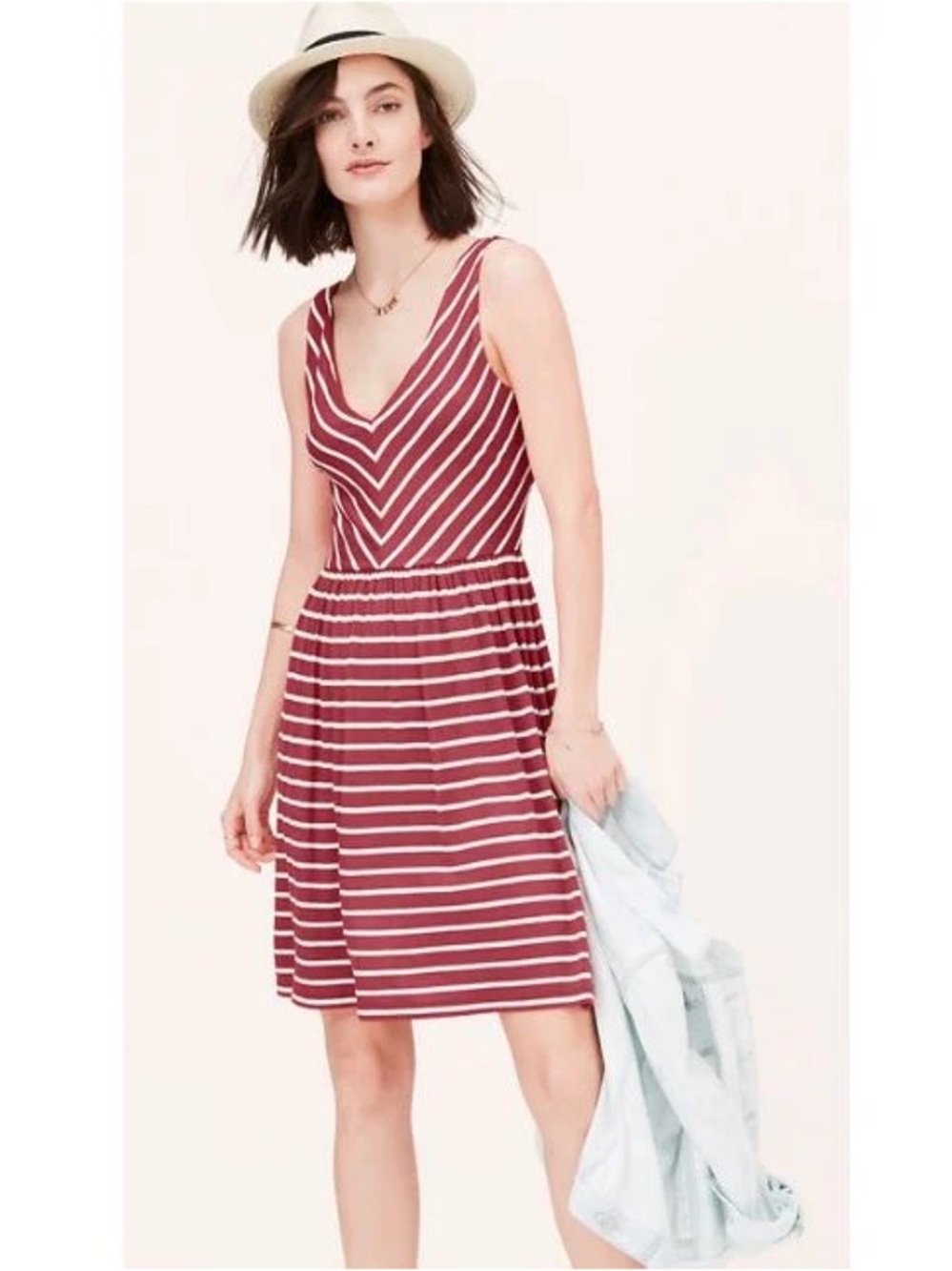 LOFT Burgundy and White Striped V-Neck Sleeveless Dress